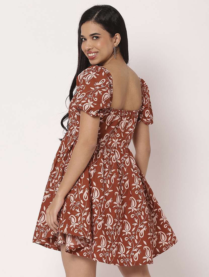 women printed puff sleeves fit & flare dress - 21693291 - Standard Image - 3