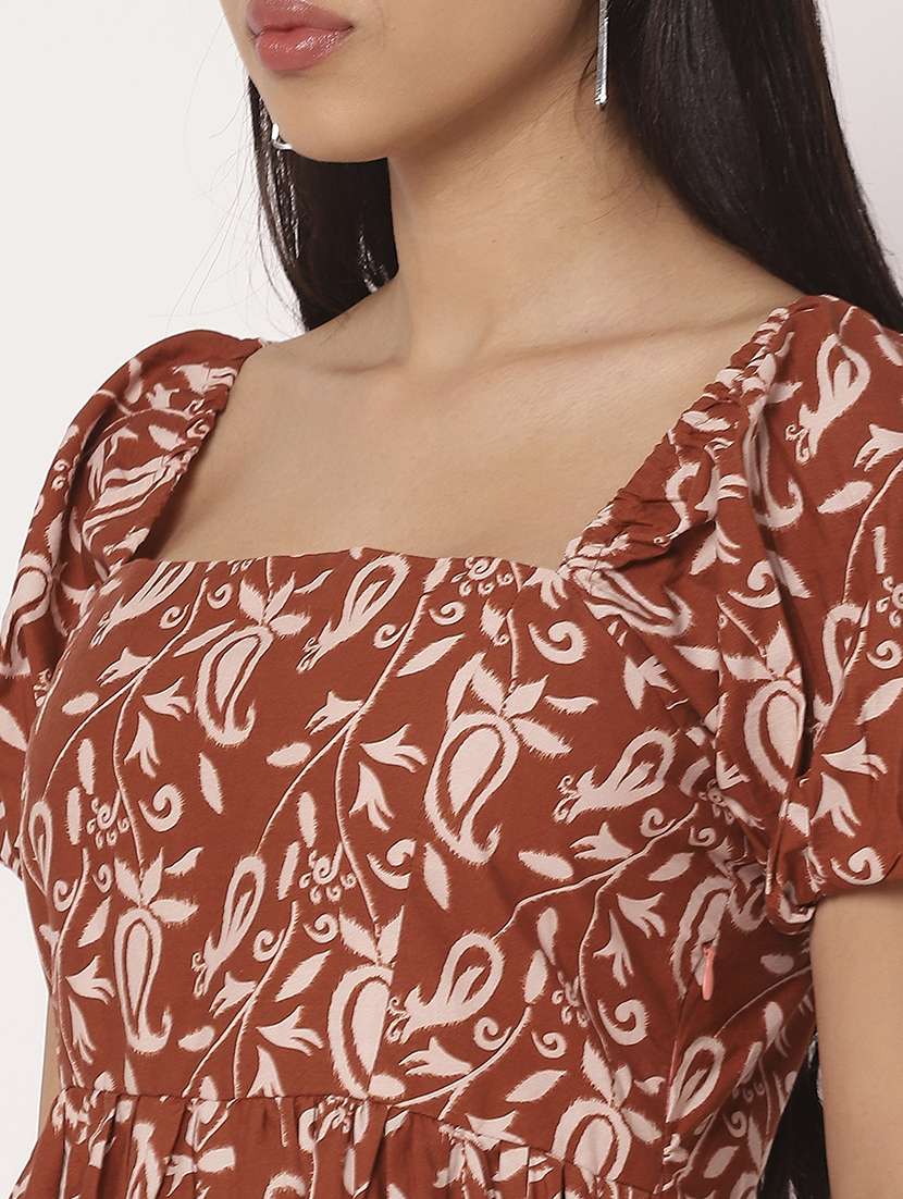 women printed puff sleeves fit & flare dress - 21693291 - Standard Image - 5