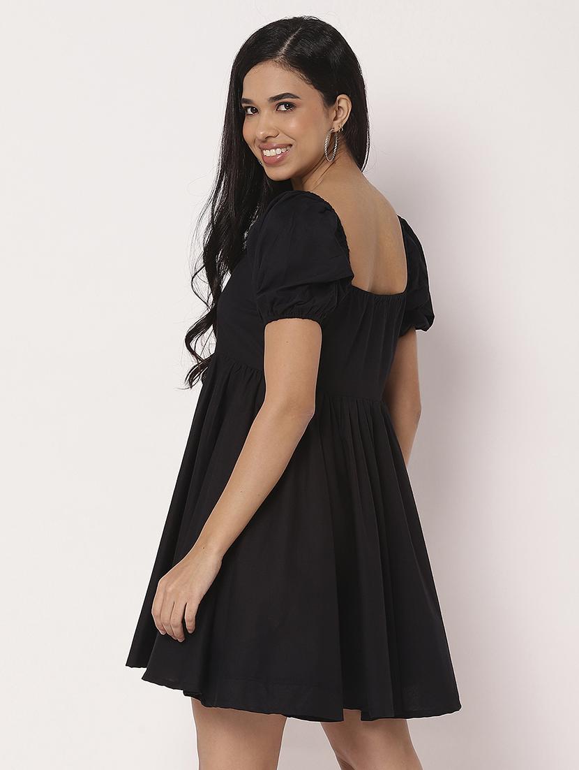 women solid puf sleeves fit & flare dress - 21693292 - Standard Image - 3