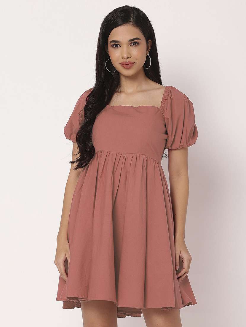 women solid puff sleeves fit & flare dress