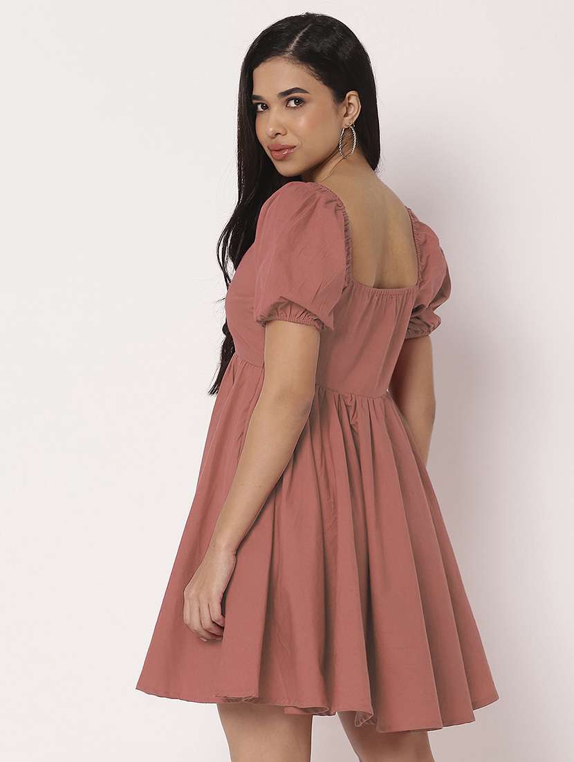 women solid puff sleeves fit & flare dress - 21693293 -  Standard Image - 3