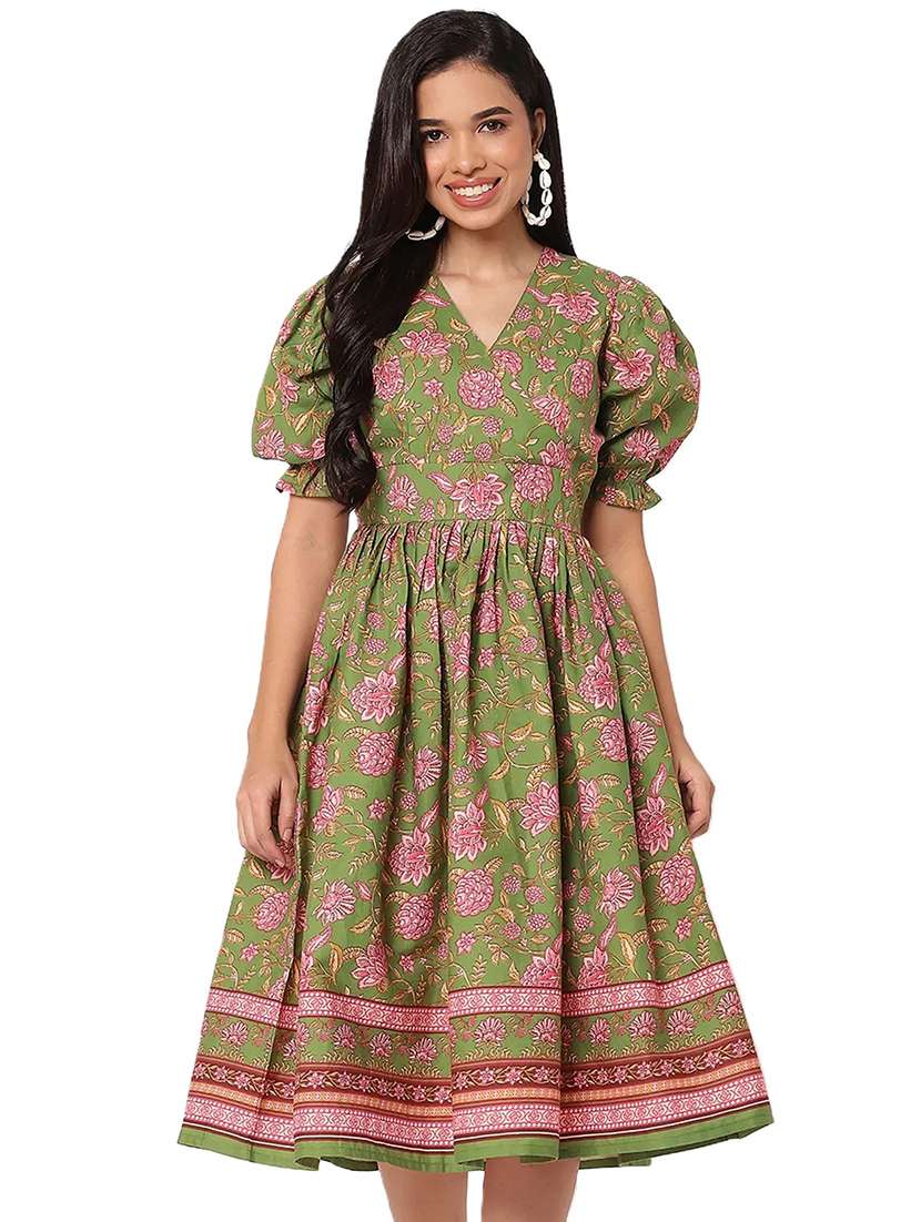 women printed puff sleeves fit & flare dress - 21693296 -  Standard Image - 3