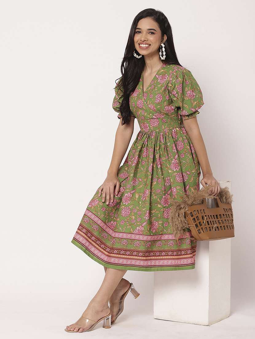 women printed puff sleeves fit & flare dress - 21693296 -  Standard Image - 5