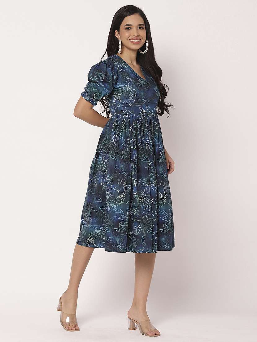 women floral printed v neck fit & flare dress