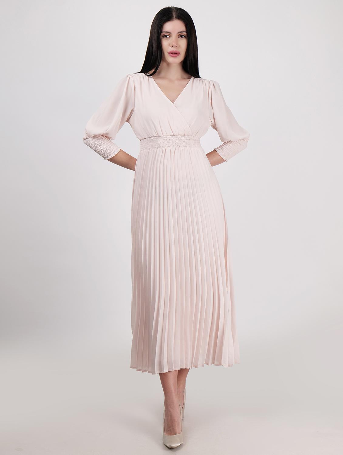 women overlap neck solid fit & flare dress - 21693329 -  Zoom Image - 0