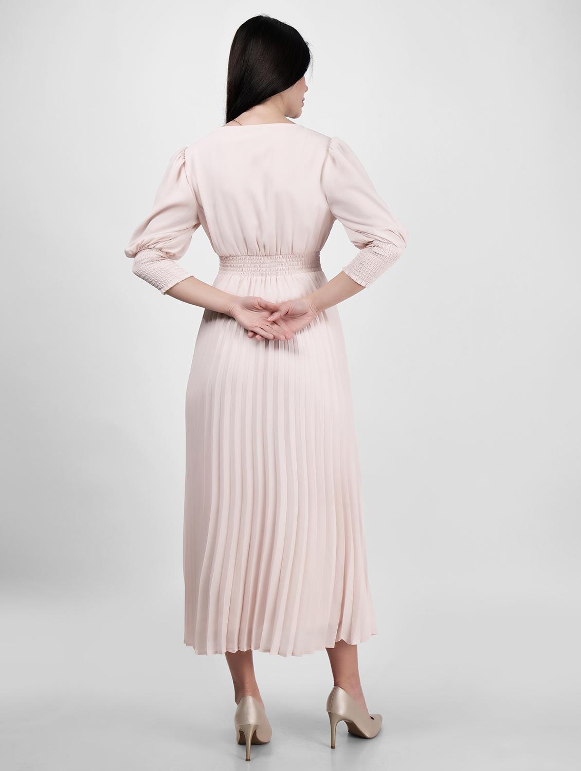 women overlap neck solid fit & flare dress - 21693329 - Standard Image - 3