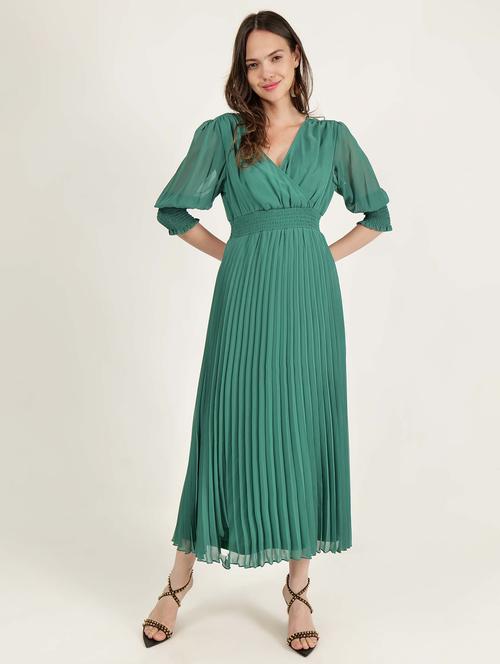 women overlap neck solid fit & flare dress - 21693332 -  Standard Image - 0