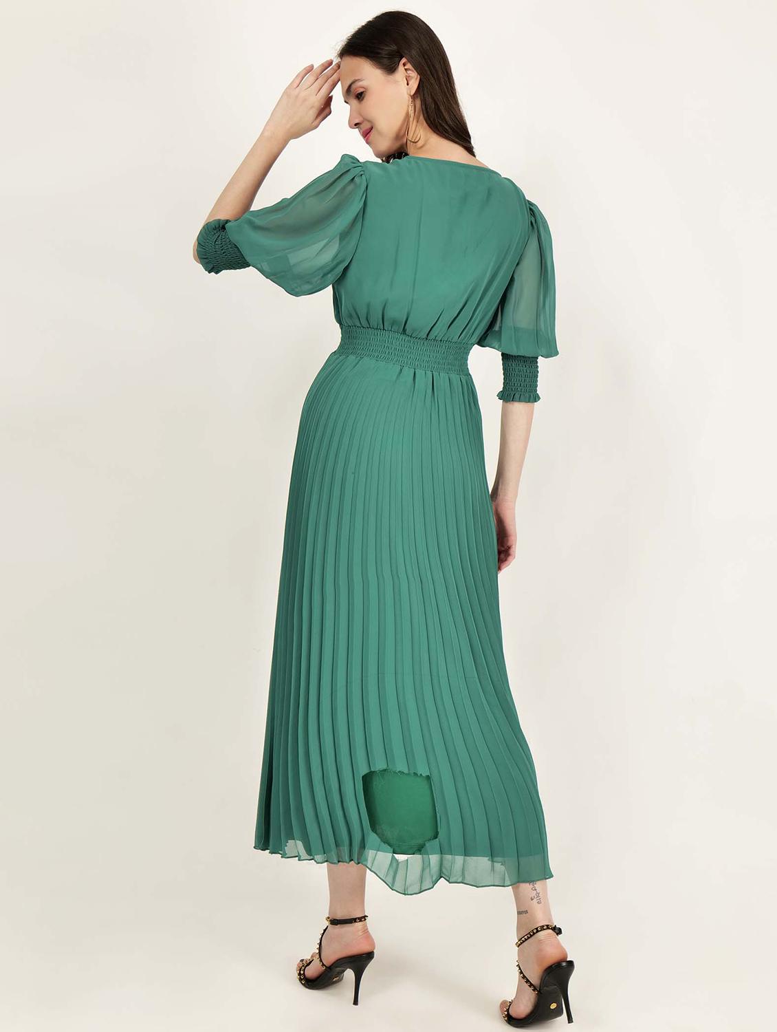 women overlap neck solid fit & flare dress - 21693332 - Standard Image - 3