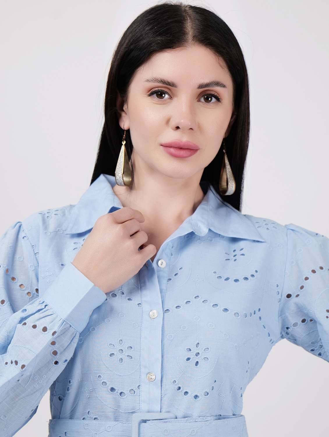 women shirt collar solid a-line dress - 21693336 - Standard Image - 5
