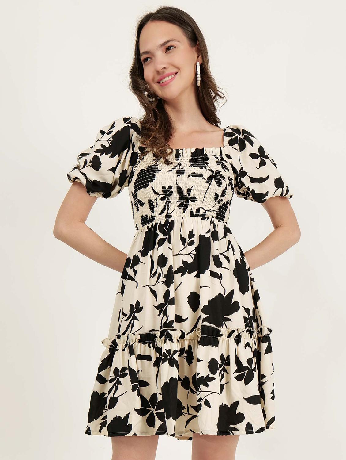 women floral printed puff sleeve fit & flare dress - 21693374 - Zoom Image - 0
