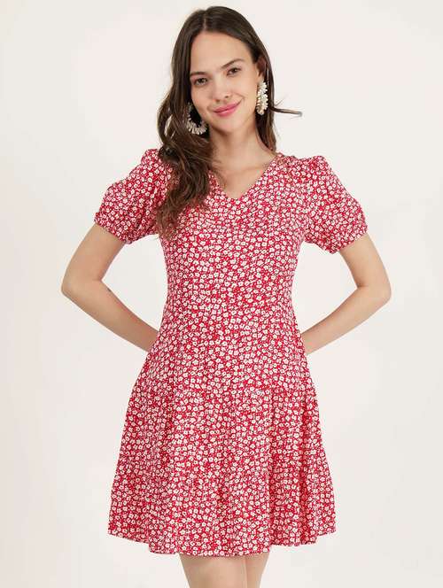 women printed puff sleeve tiered dress - 21693377 - Standard Image - 0