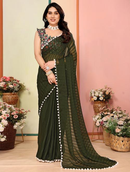 women stripes lace work saree with blouse - 21693465 -  Standard Image - 0