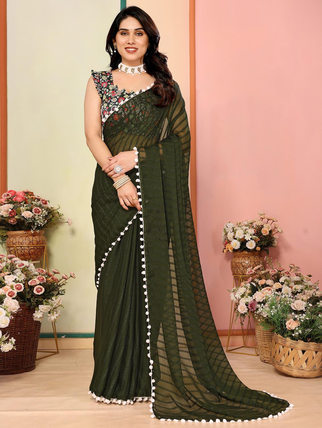 women stripes lace work saree with blouse - 21693465 -  Zoom Image - 0
