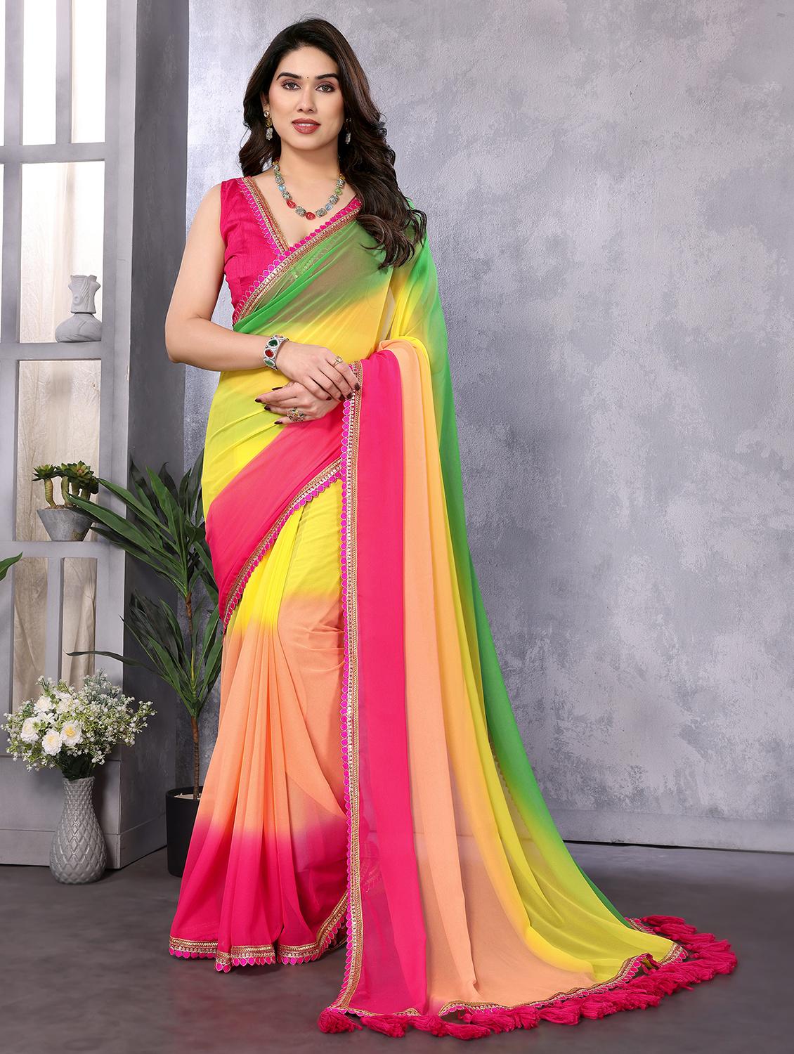 women multi color ombre lace work saree with blouse - 21693477 -  Zoom Image - 0