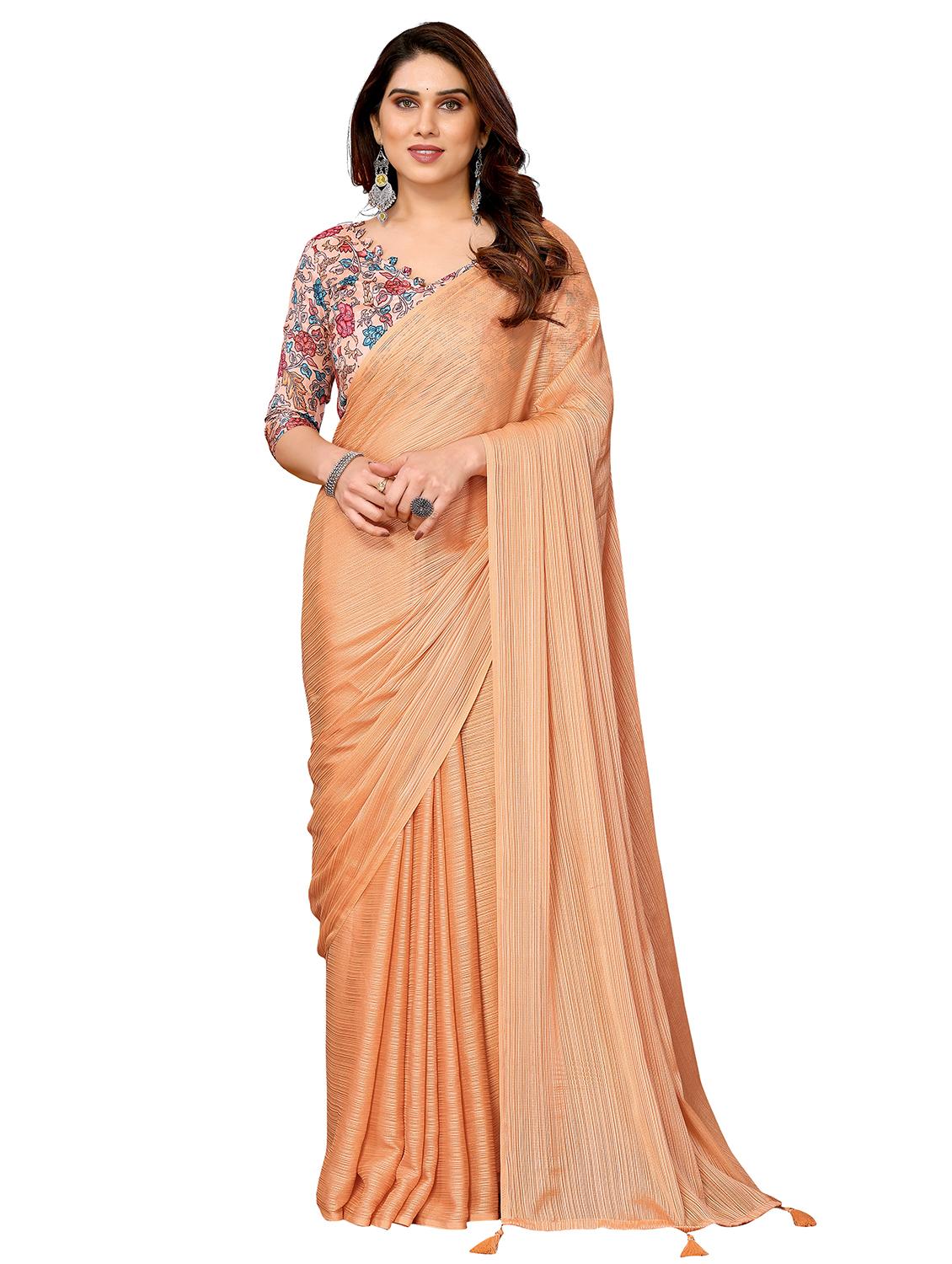 women peach solid saree with blouse - 21693482 - Zoom Image - 0