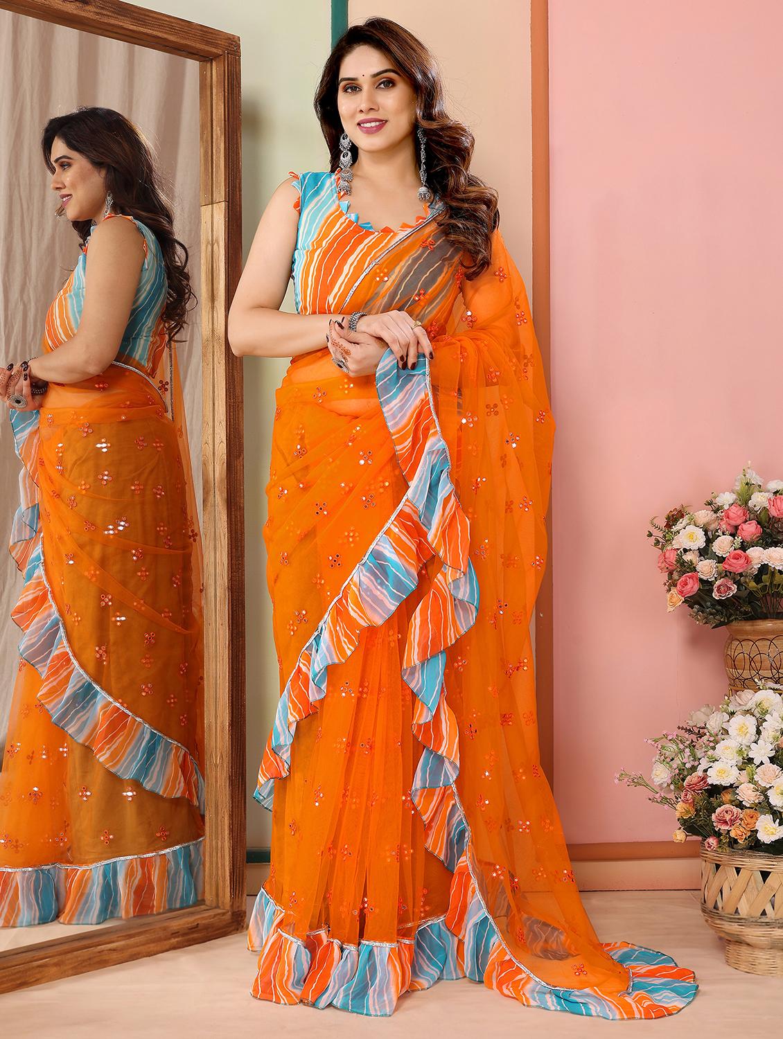women orange mirror work ruffle saree with blouse - 21693494 - Zoom Image - 0