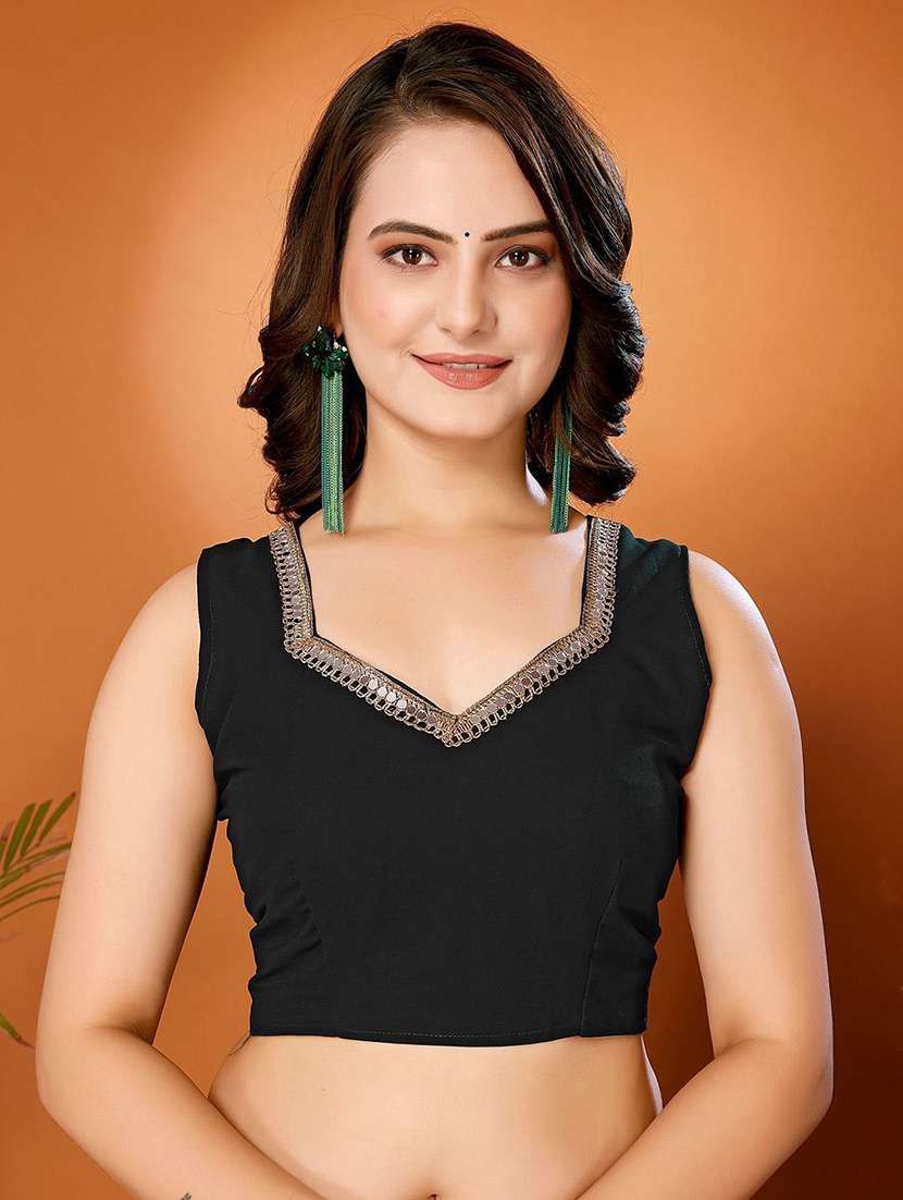 women black solid mirror lace work saree with blouse - 21693497 -  Standard Image - 3