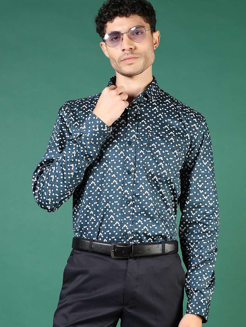 mem printed collared long sleeve casual shirt