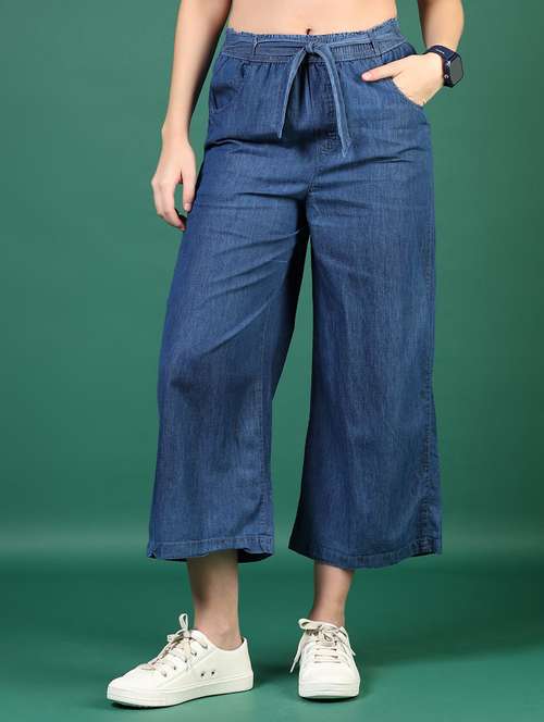 women blue solid mid rise denim trouser - 21693752 - Standard Image - 0