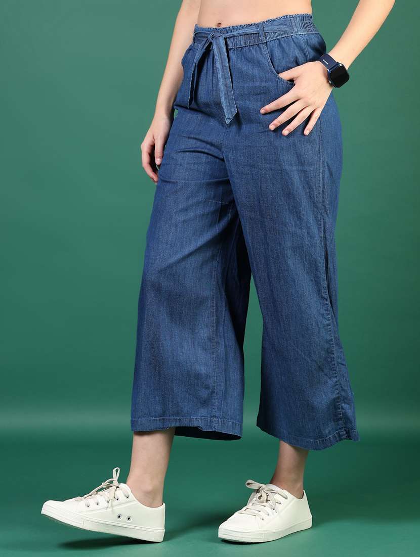 women blue solid mid rise denim trouser - 21693752 - Standard Image - 3