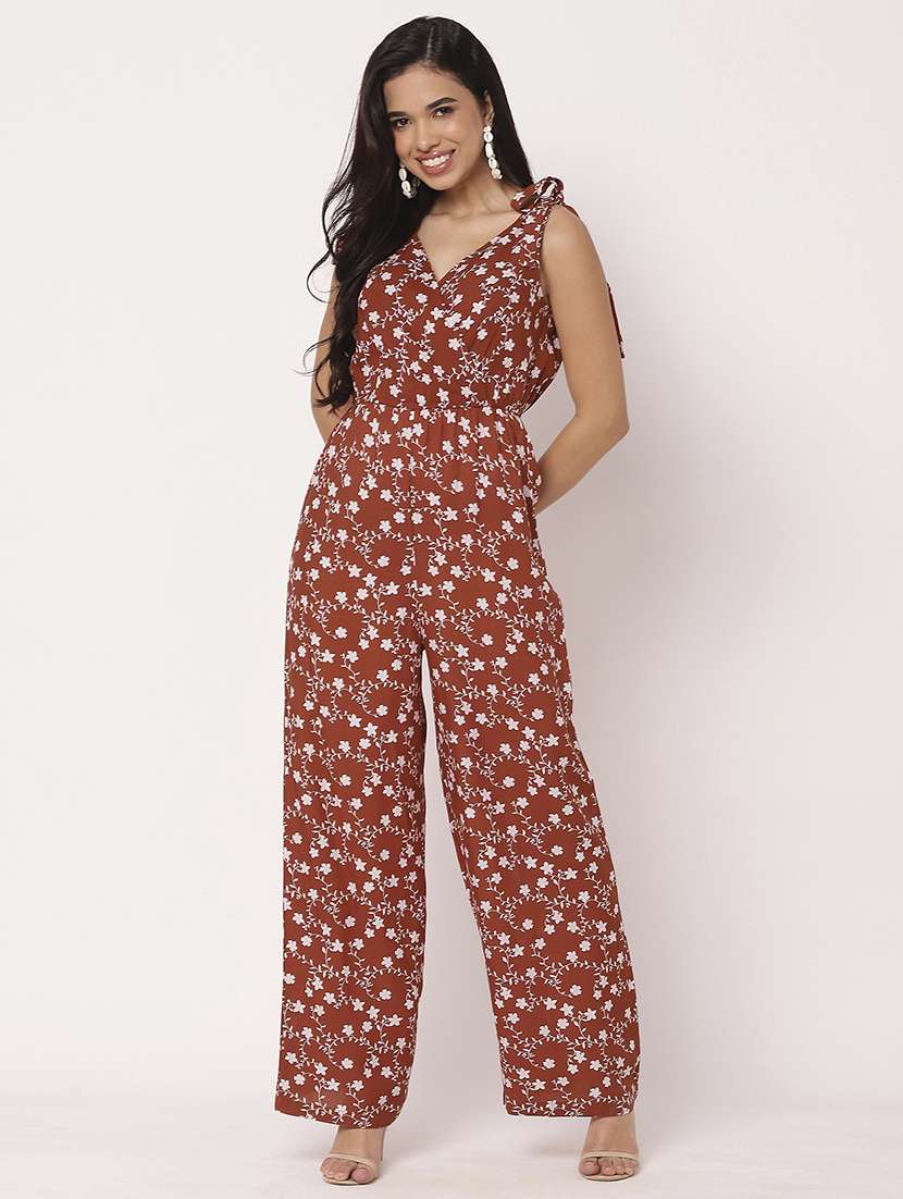 women floral printed v neck full leg jumpsuit