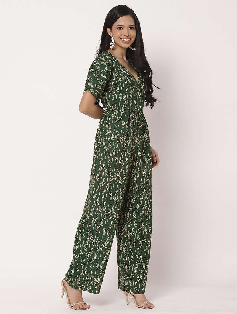 women green printed v neck full leg jumpsuit - 21693980 -  Standard Image - 3
