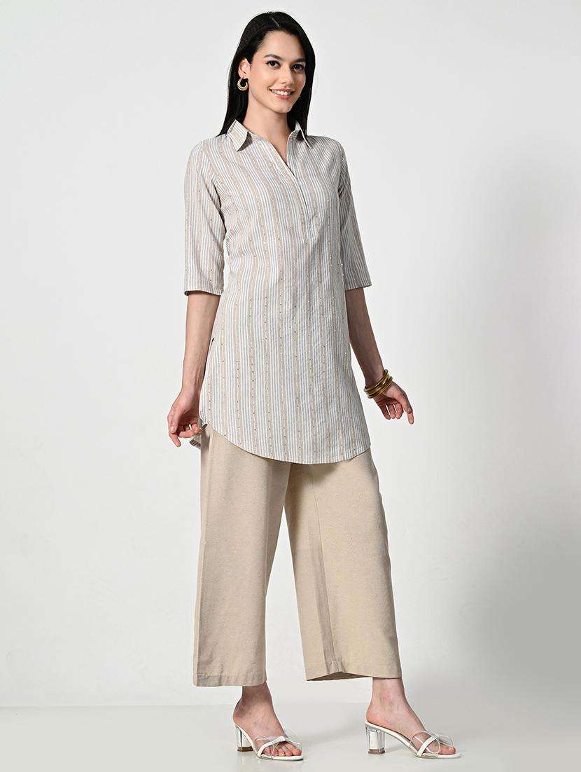 women stripes three quarter sleeve a-line kurti - 21693986 -  Standard Image - 3