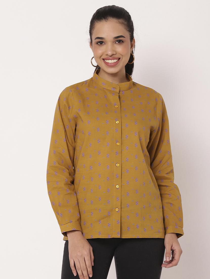 women mustard printed long sleeve regular shirt