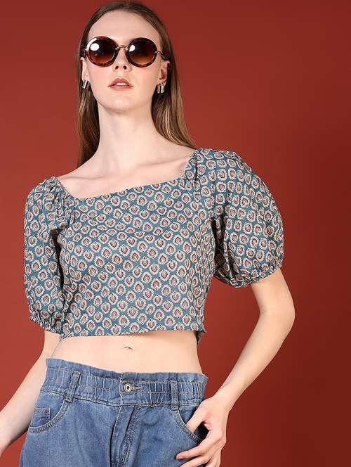 women printed puff sleeves crop top - 21694242 -  Standard Image - 0