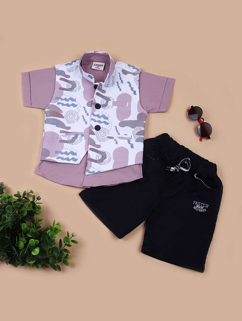 boys printed shirt and shorts with waistcoat 