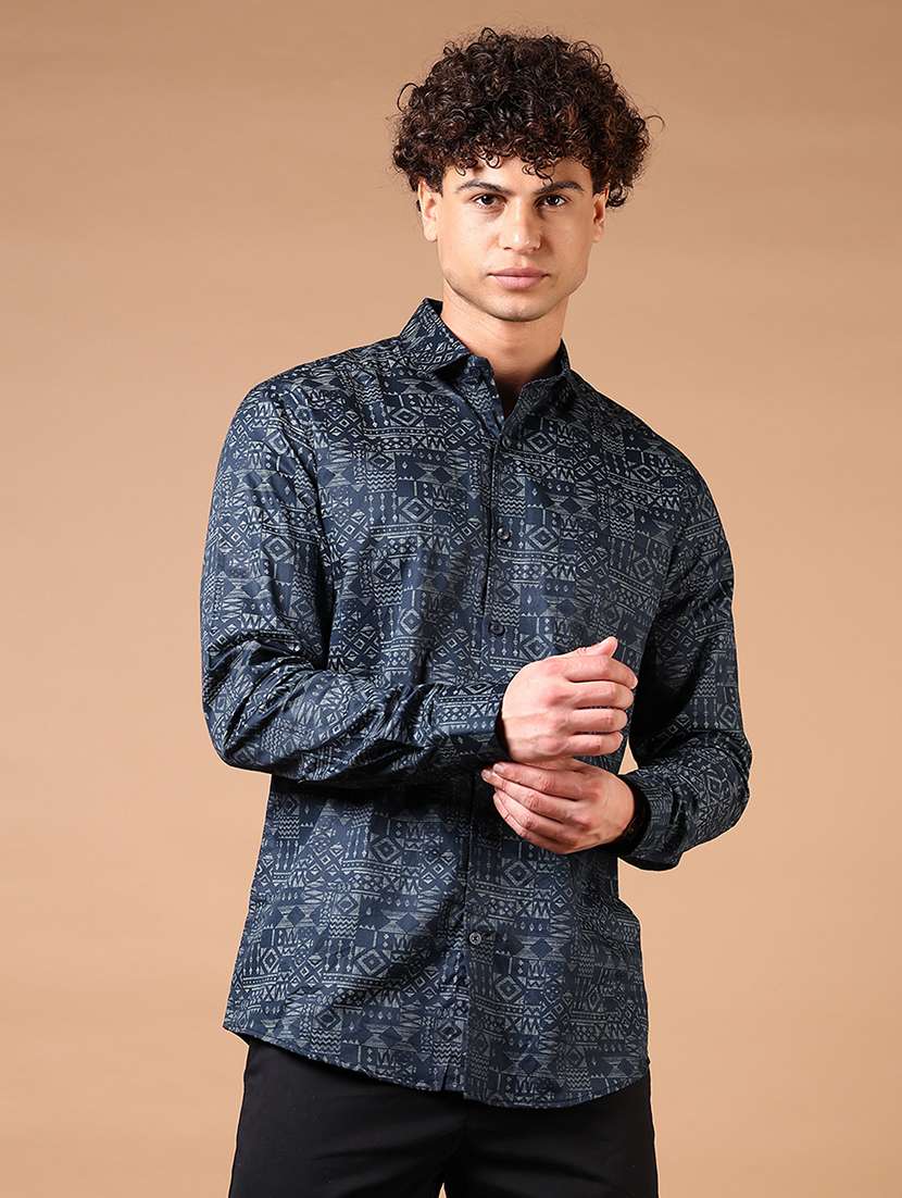 men long sleeves printed casual shirt