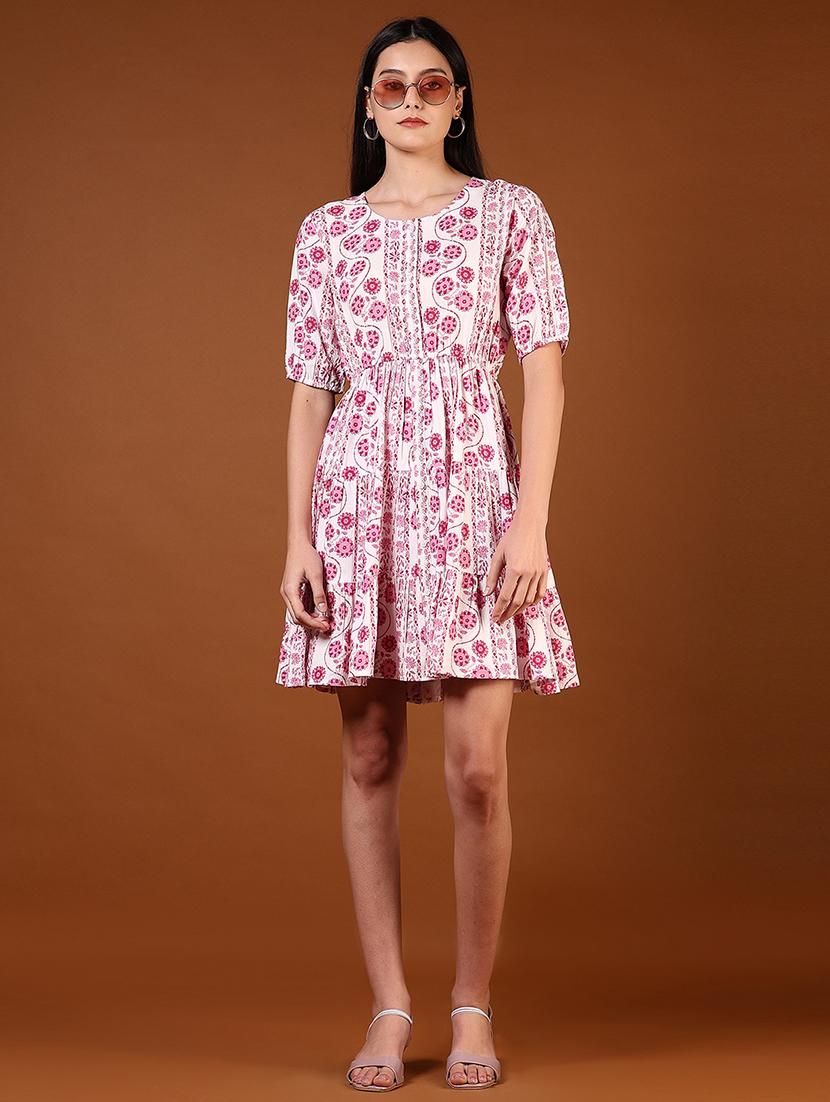 women pink floral printed puff sleeve tiered dress - 21694300 - Zoom Image - 0