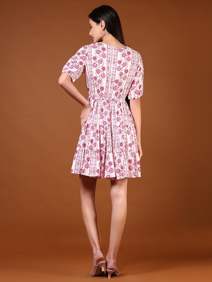 women pink floral printed puff sleeve tiered dress - 21694300 - Standard Image - 3