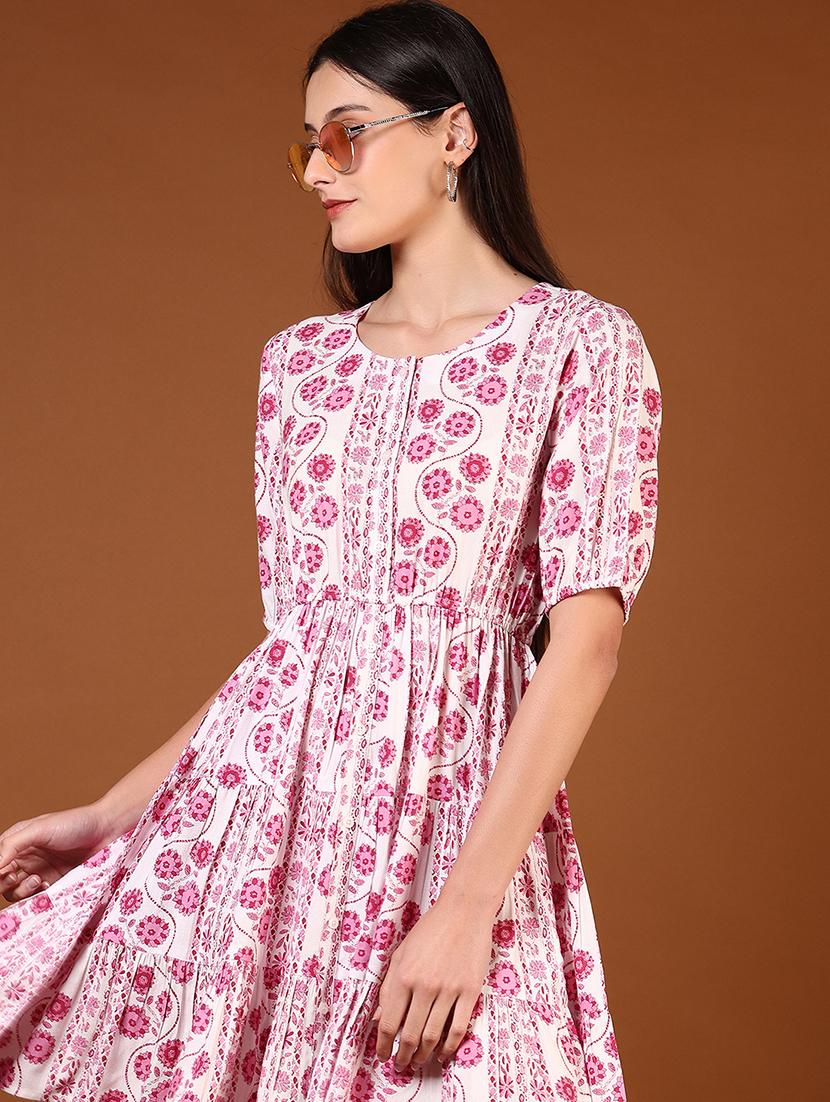 women pink floral printed puff sleeve tiered dress - 21694300 - Standard Image - 5