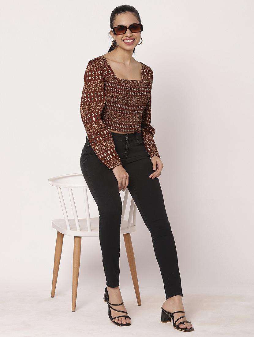 women printed bishop sleeve crop top - 21694657 - Standard Image - 5