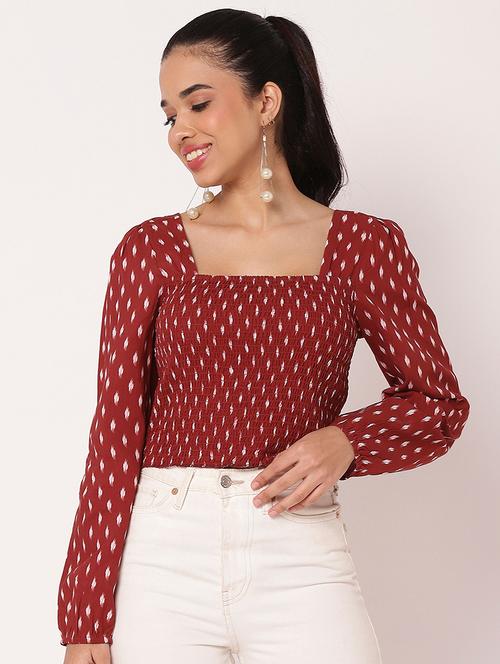 women printed bishop sleeve crop top - 21694658 - Standard Image - 0