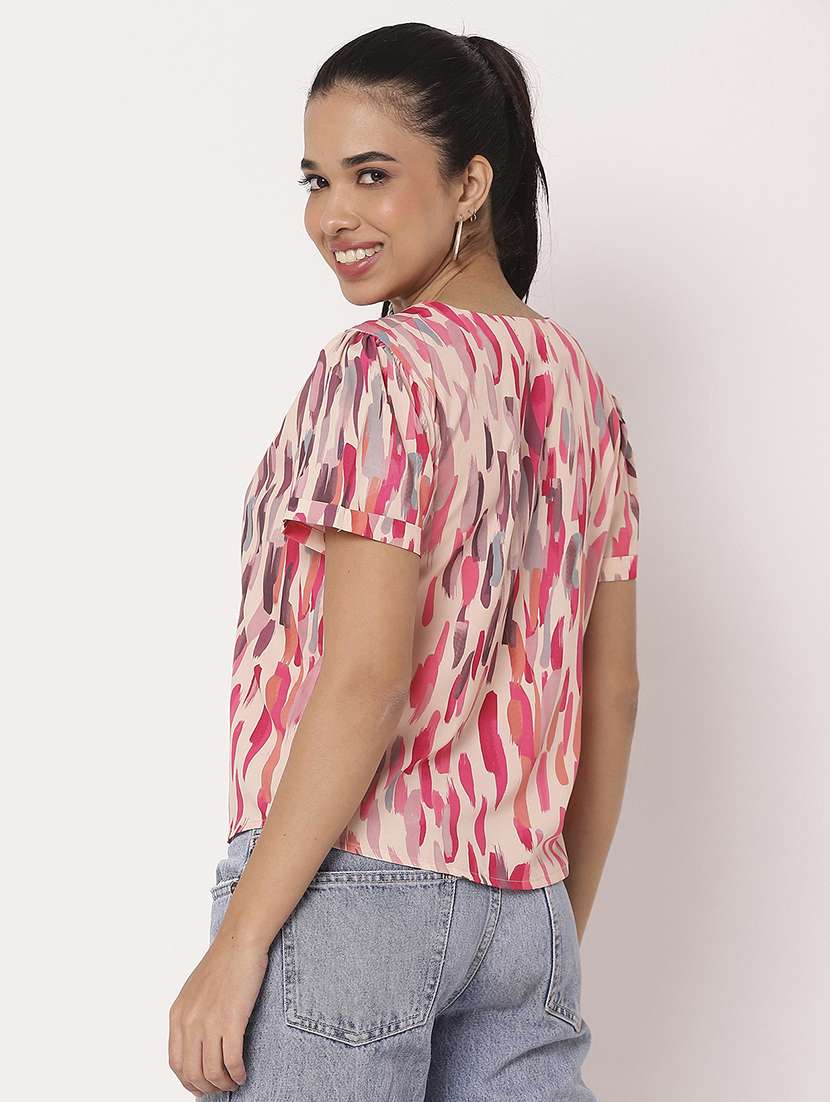 women pink printed v neck shirt top - 21694661 -  Standard Image - 3