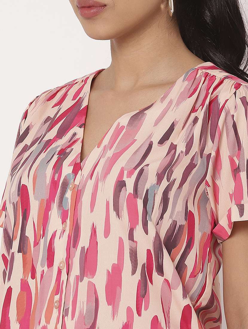 women pink printed v neck shirt top - 21694661 -  Standard Image - 5