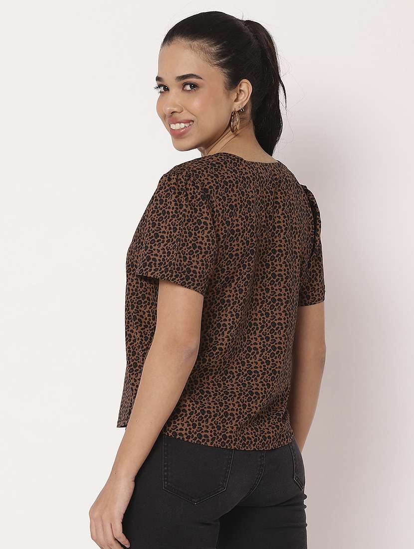 women brown animal print v neck shirt top - 21694662 -  Standard Image - 3