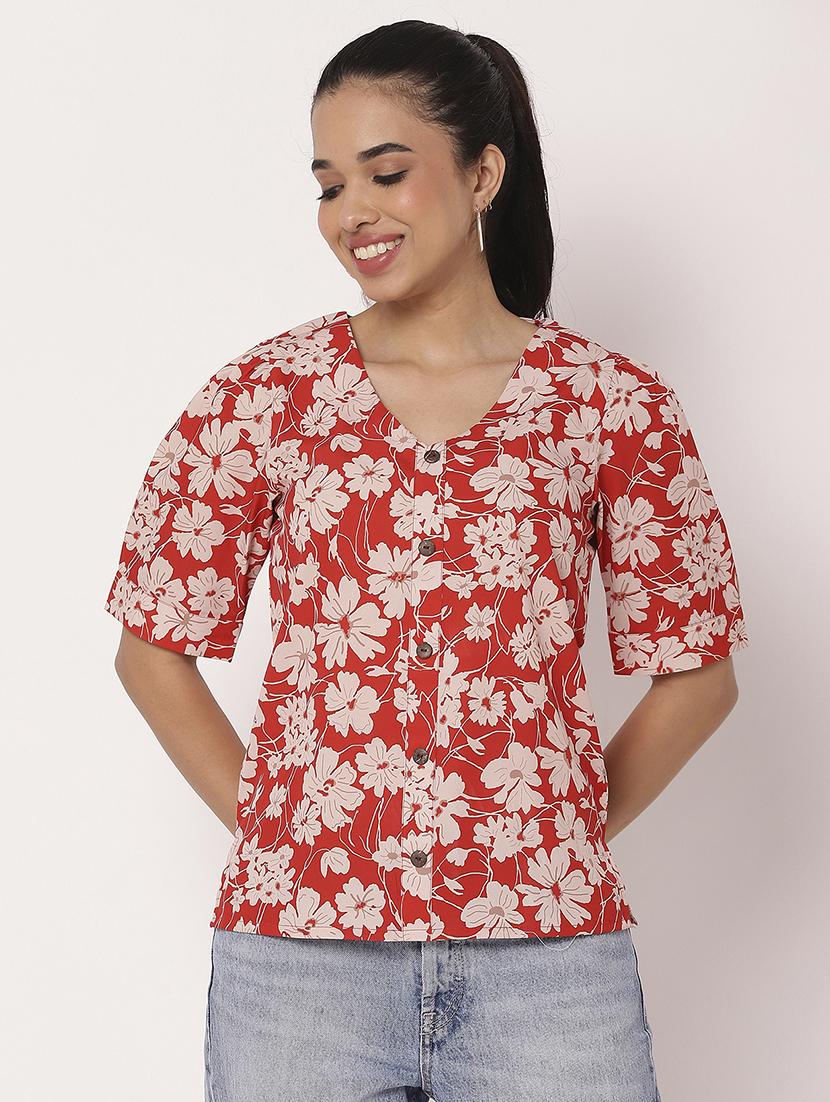 women floral printed v neck shirt top - 21694669 - Zoom Image - 0