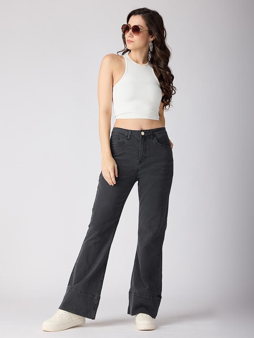 globus women charcoal cotton stretch solid mid-rise wide bottom hem bootcut jeans - 21694759 - Standard Image - 3
