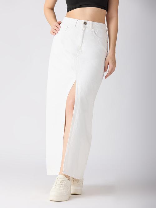 globus women white solid mid-rise front slit straight maxi denim skirt - 21694765 -  Standard Image - 0