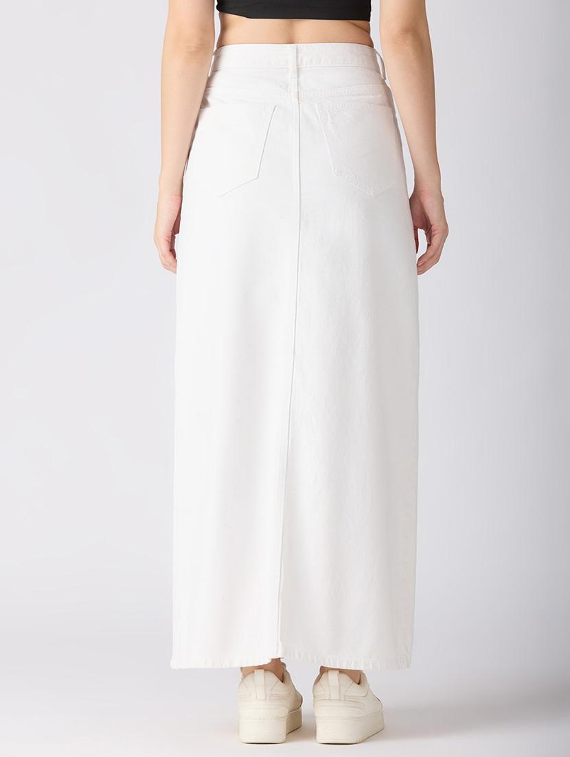 globus women white solid mid-rise front slit straight maxi denim skirt - 21694765 - Standard Image - 3