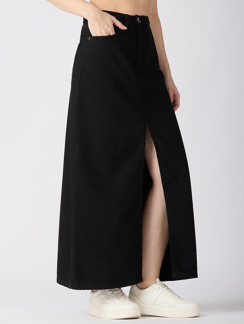 globus women black solid mid-rise front slit straight maxi denim skirt - 21694766 - Zoom Image - 0