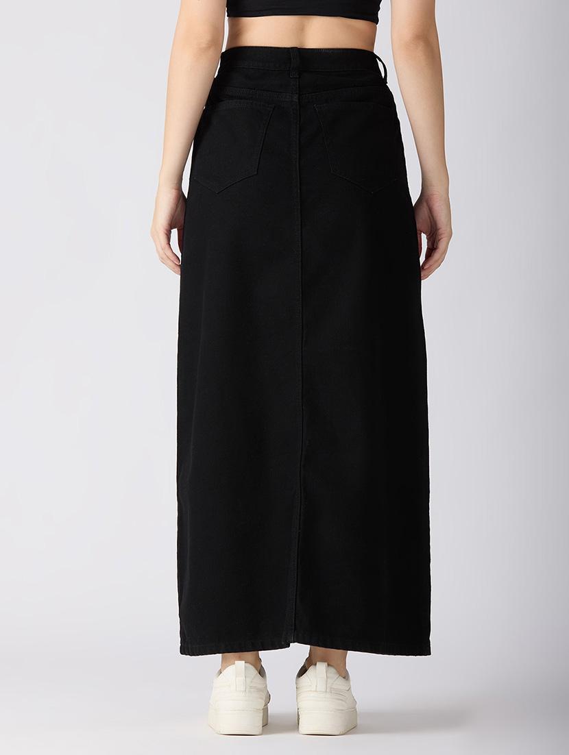 globus women black solid mid-rise front slit straight maxi denim skirt - 21694766 - Standard Image - 3
