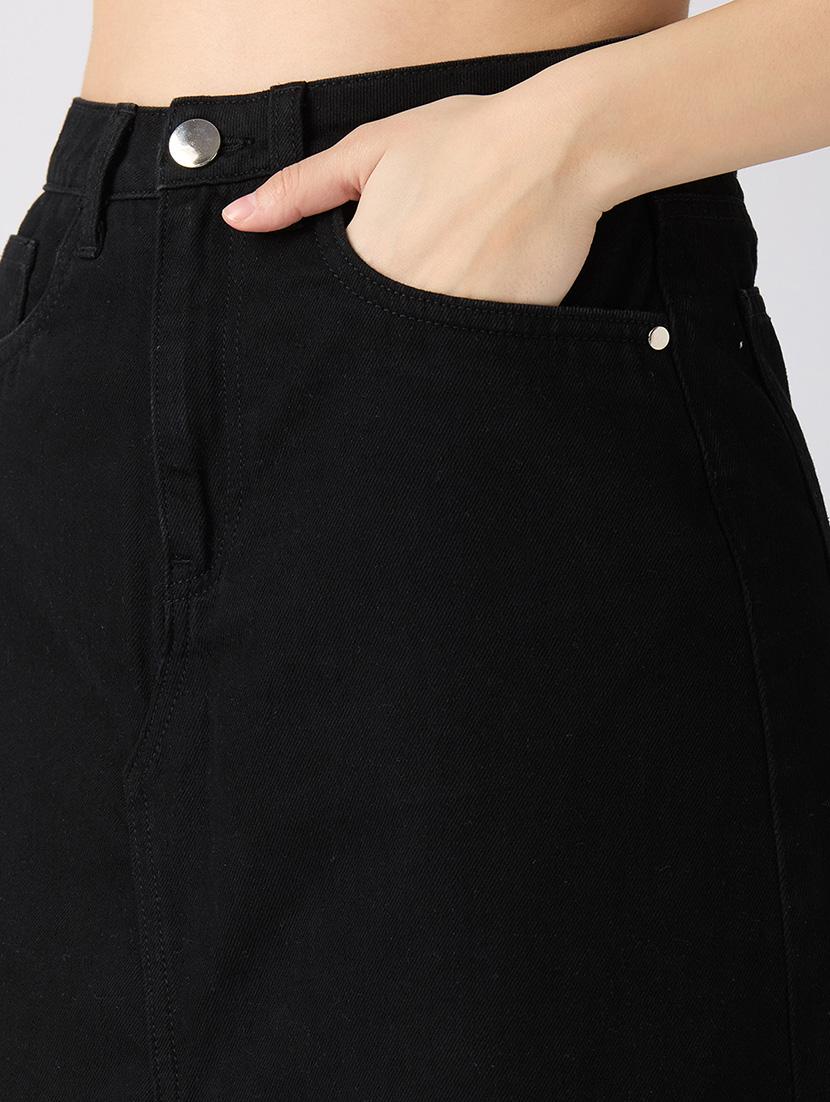 globus women black solid mid-rise front slit straight maxi denim skirt - 21694766 - Standard Image - 5