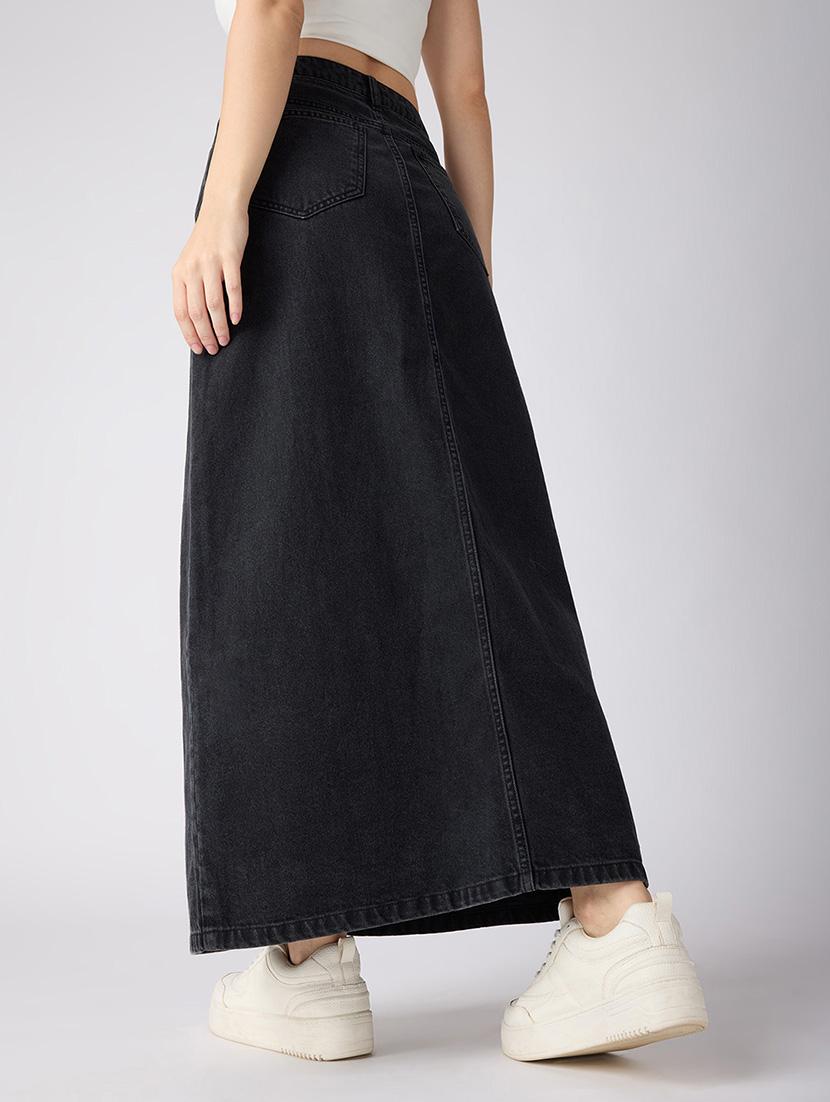 globus women grey solid mid-rise front slit straight maxi denim skirt - 21694767 - Standard Image - 3