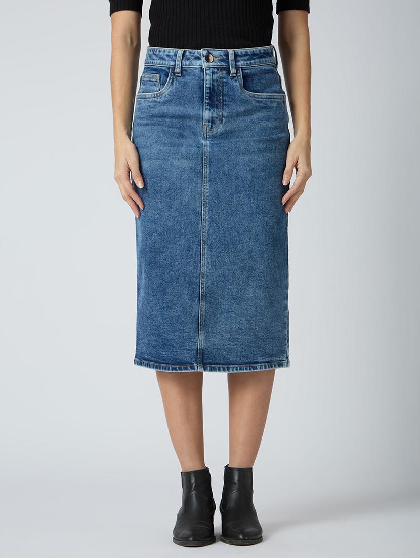 globus women med blue stretchable solid mid-rise back slit midi denim pencil skirt - 21694768 -  Zoom Image - 0