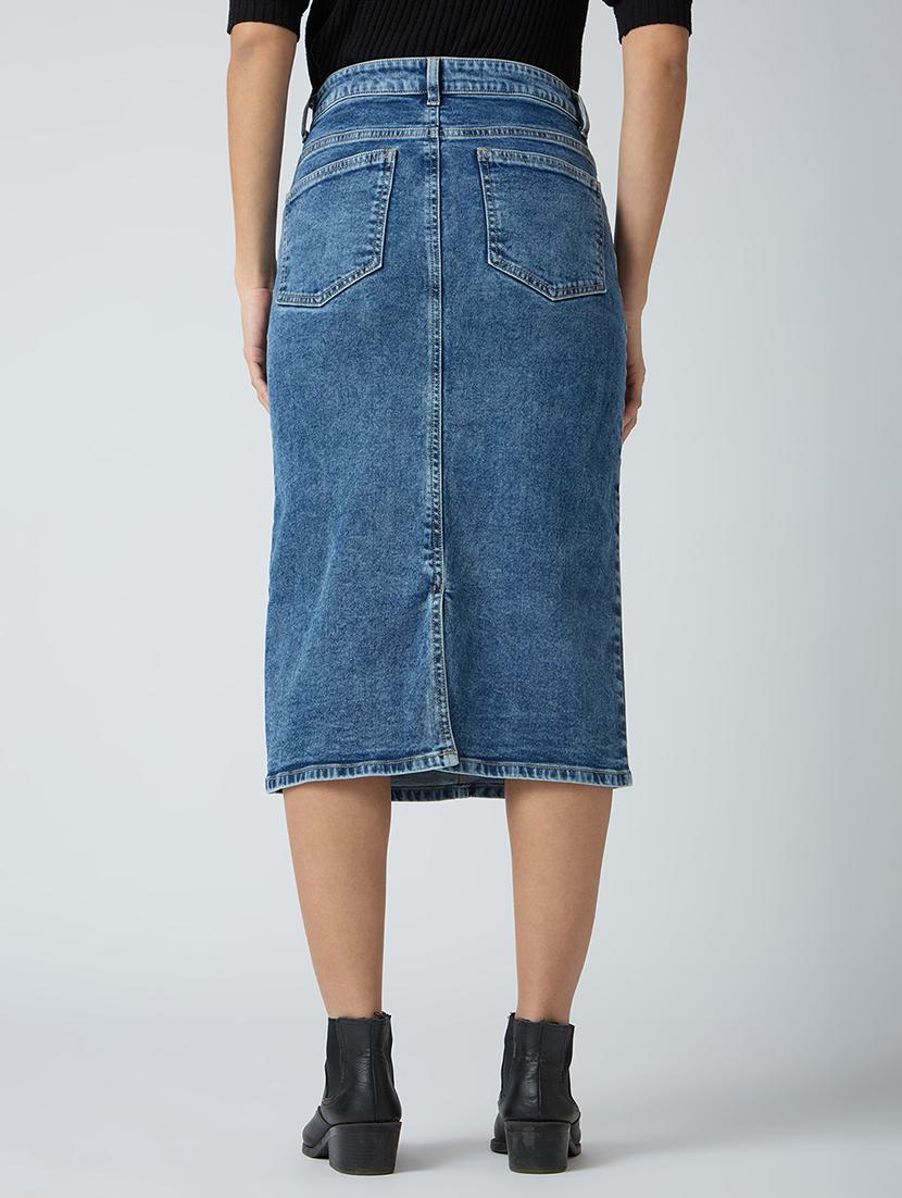 globus women med blue stretchable solid mid-rise back slit midi denim pencil skirt - 21694768 - Standard Image - 3