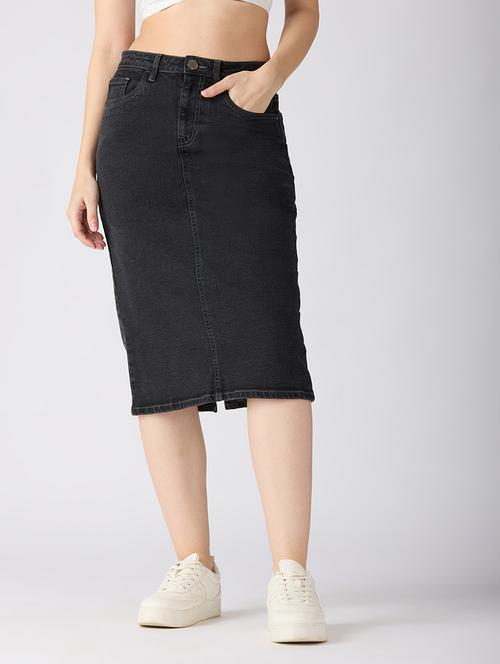 globus women charcoal stretchable solid mid-rise back slit midi denim pencil skirt - 21694769 - Standard Image - 0